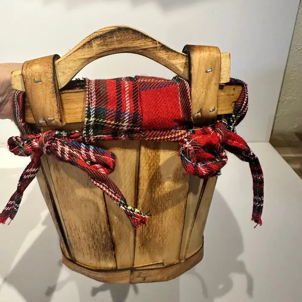 Large Oblong Red Plaid Fabric Lined Basket Gift Basket 22x8.5x7.5 Wooden Handles